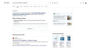 Aperçu IA de Google sur « quels sont les bienfaits du magnésium » : position zéro, 11 sites cités (test AI Overviews France)
