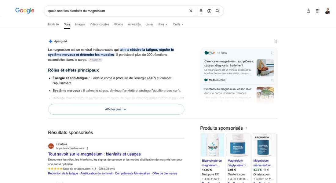 Aperçu IA de Google sur « quels sont les bienfaits du magnésium » : position zéro, 11 sites cités, organique repoussé sous les annonces