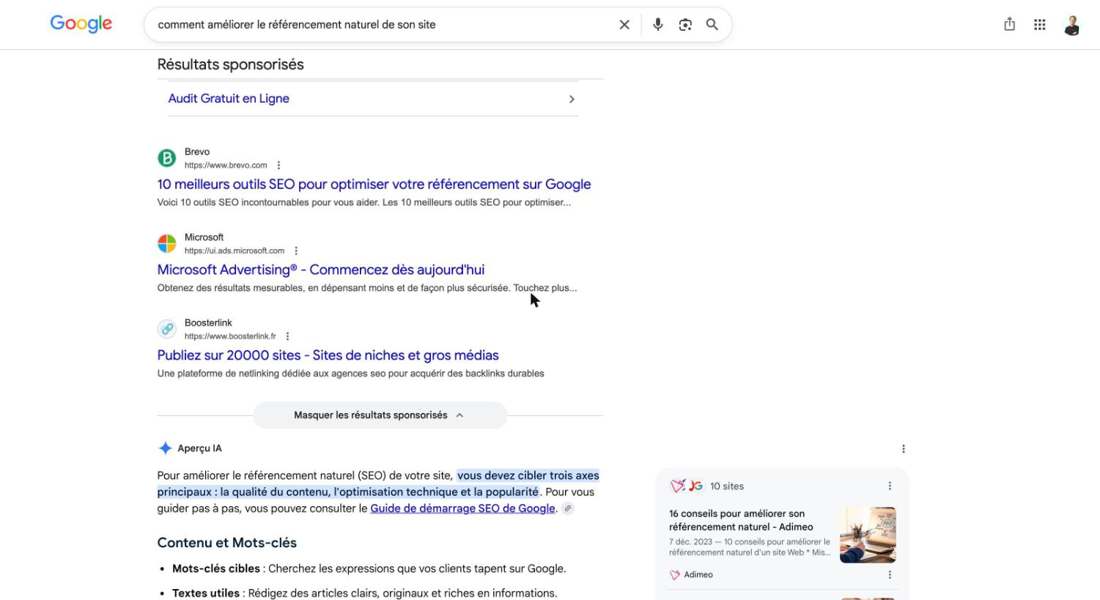 Requête « comment améliorer le référencement naturel » : les annonces s'affichent au-dessus de l'Aperçu IA sur Google France