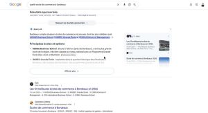 Requête « quelle école de commerce à Bordeaux » : annonces puis Aperçu IA (5 sites) sur Google France