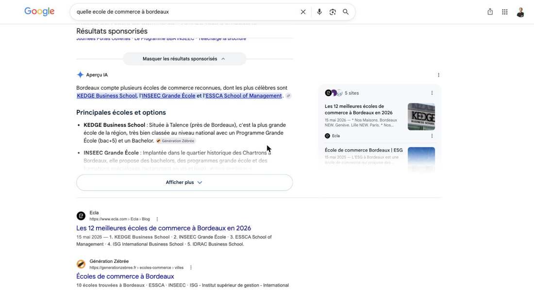 Requête « quelle école de commerce à Bordeaux » : annonces puis Aperçu IA (5 sites) sur Google France